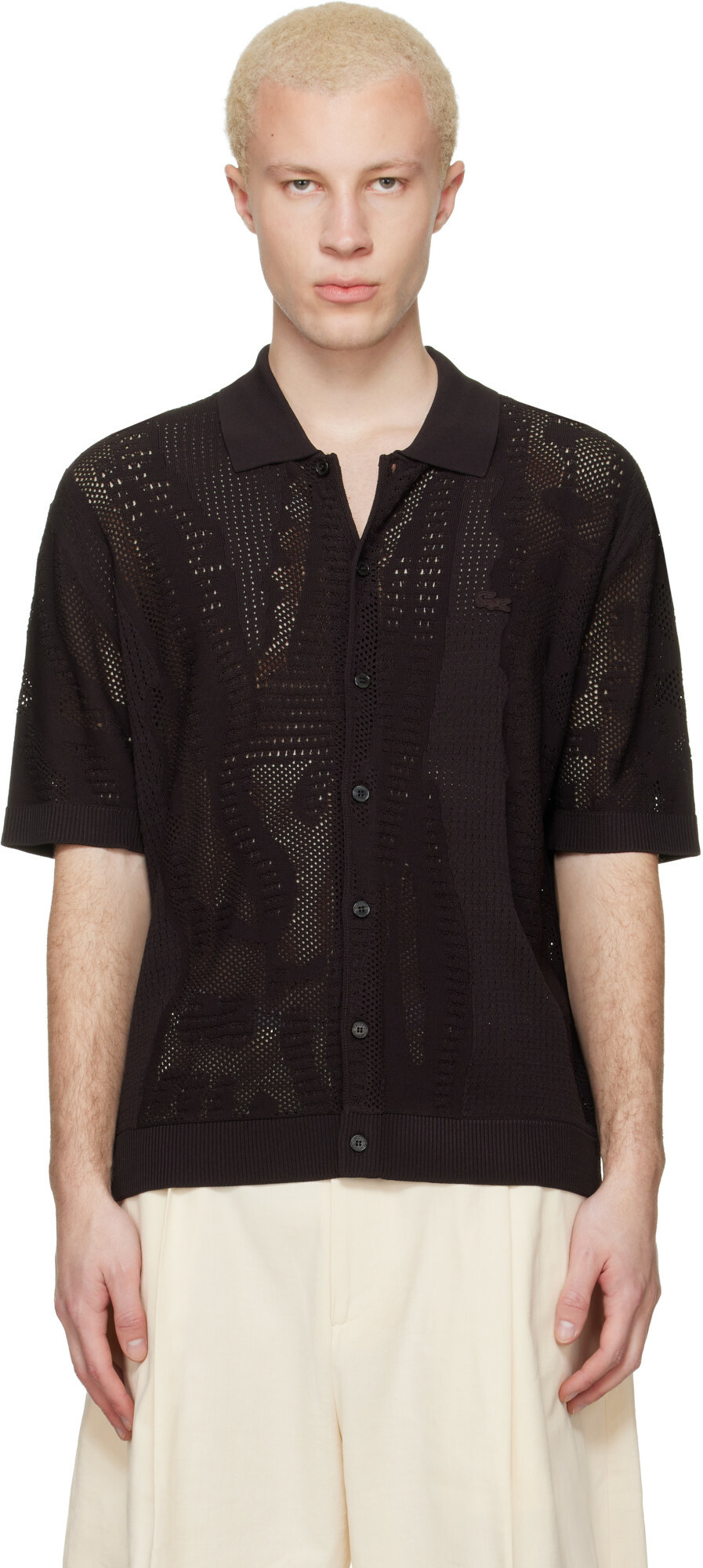 Lacoste Brown Lacy Knit Crocodile Shirt