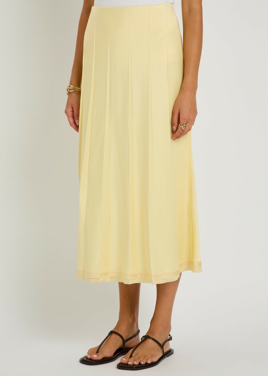 Vince Pleated Satin Midi Skirt Yellow