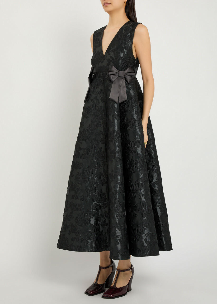 Ganni Floral-jacquard Cloqué Midi Dress Black