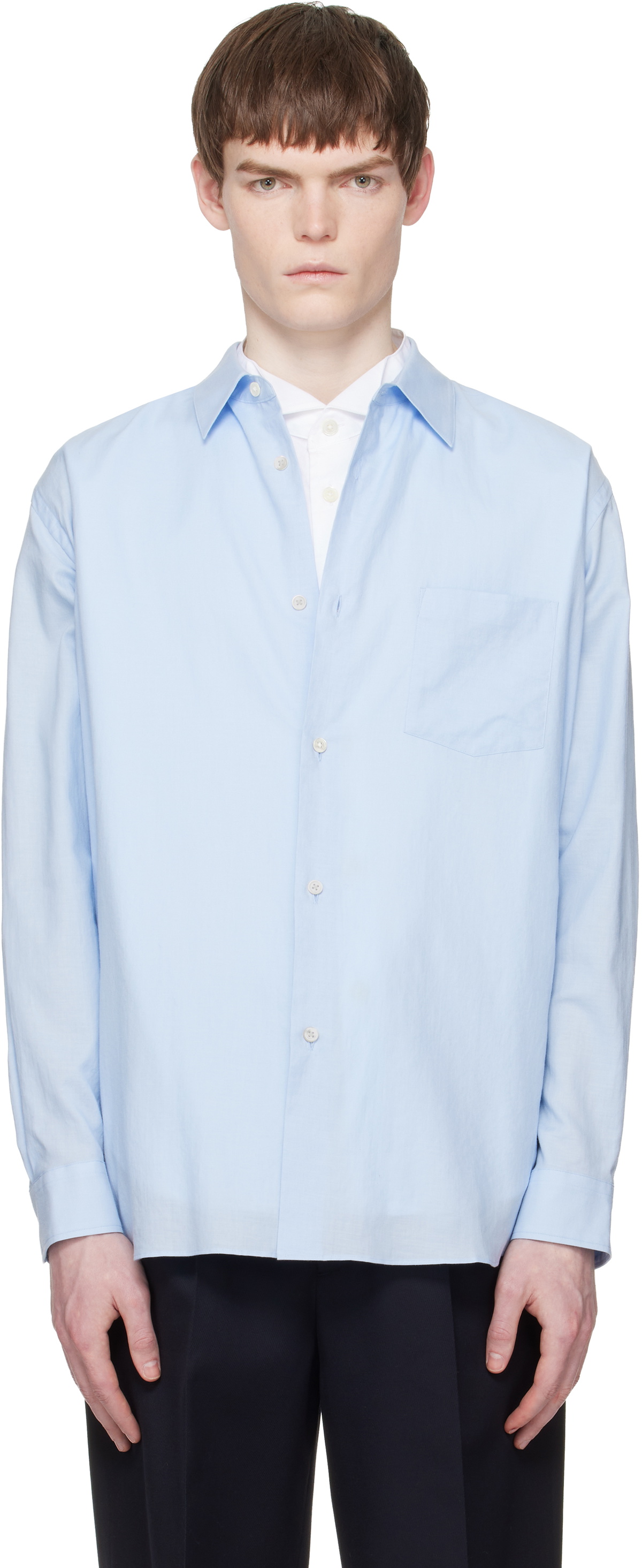 stein Blue Cotton Silk Oversized Regular Collar Shirt