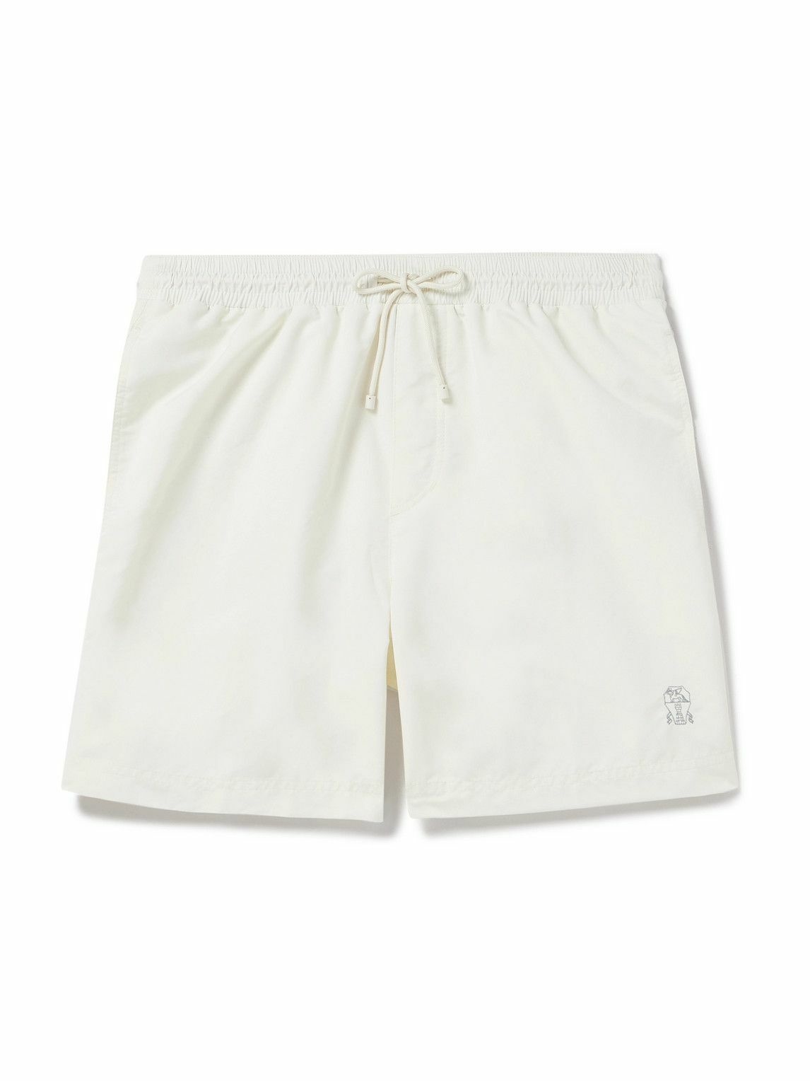 Photo: Brunello Cucinelli - Straight-Leg Mid-Length Logo-Embroidered Swim Shorts - Neutrals