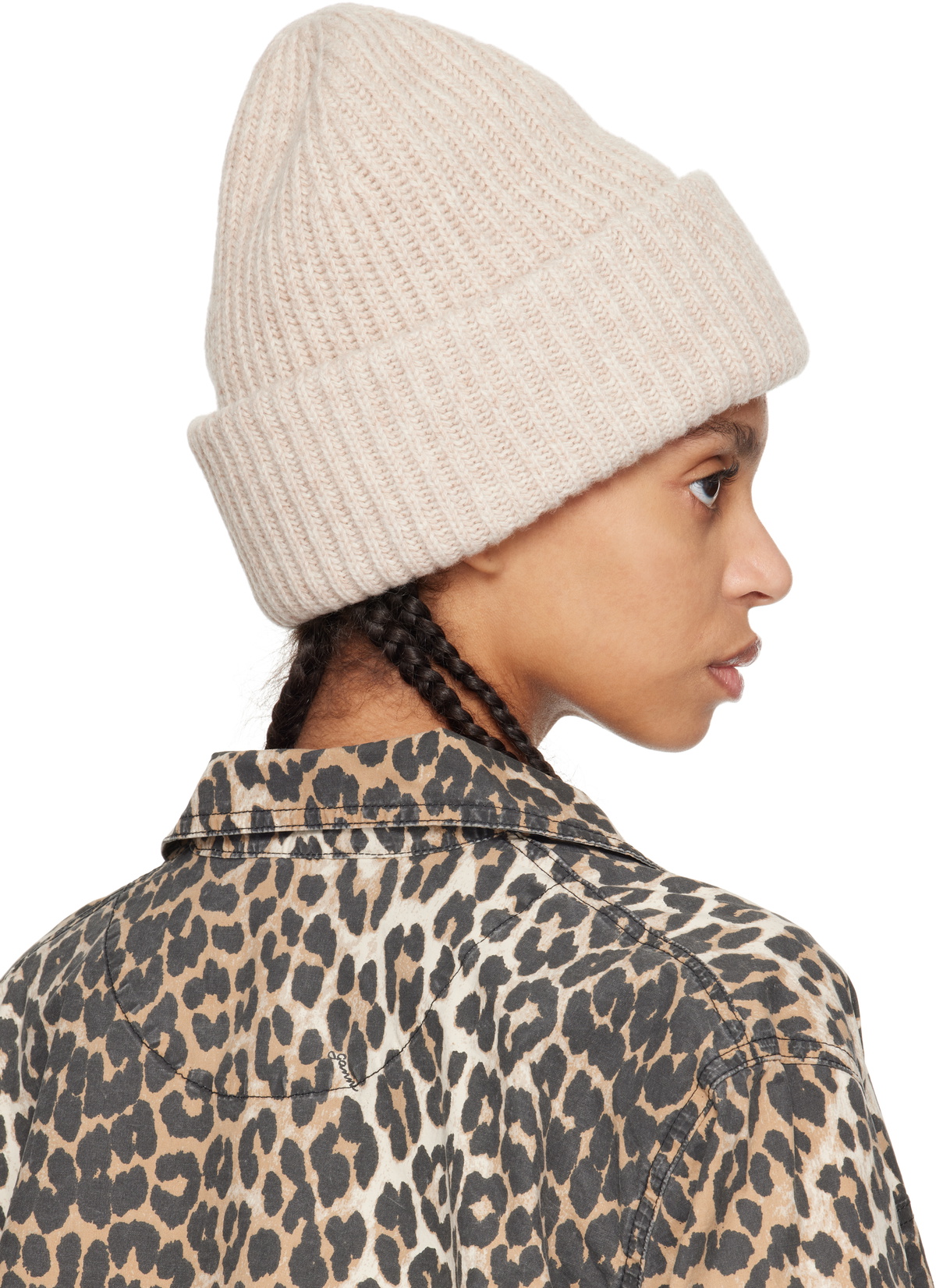 GANNI Beige Oversized Wool Rib Knit Beanie GANNI