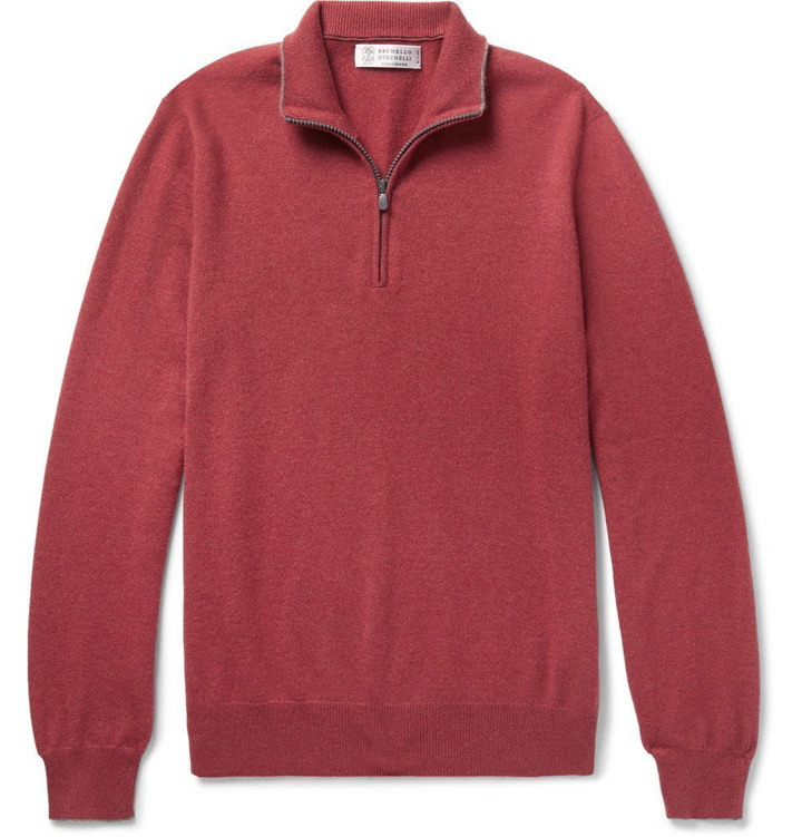 Photo: Brunello Cucinelli - Contrast-Tipped Cashmere Half-Zip Sweater - Men - Burgundy