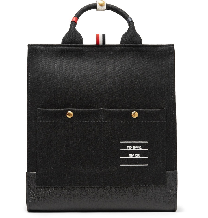 Photo: Thom Browne - Pebble-Grain Leather-Trimmed Mélange Twill Tote Bag - Gray