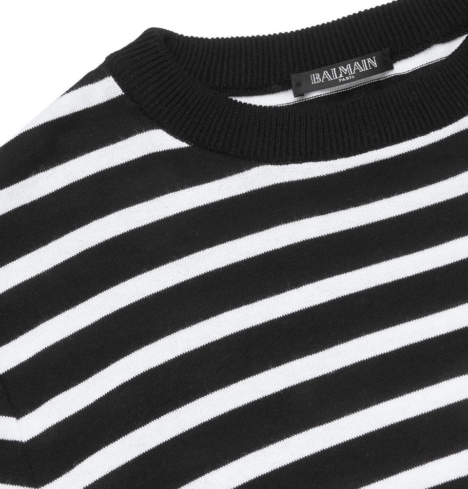 Balmain - Slim-Fit Logo-Intarsia Striped Cotton Sweater - Men - Black ...