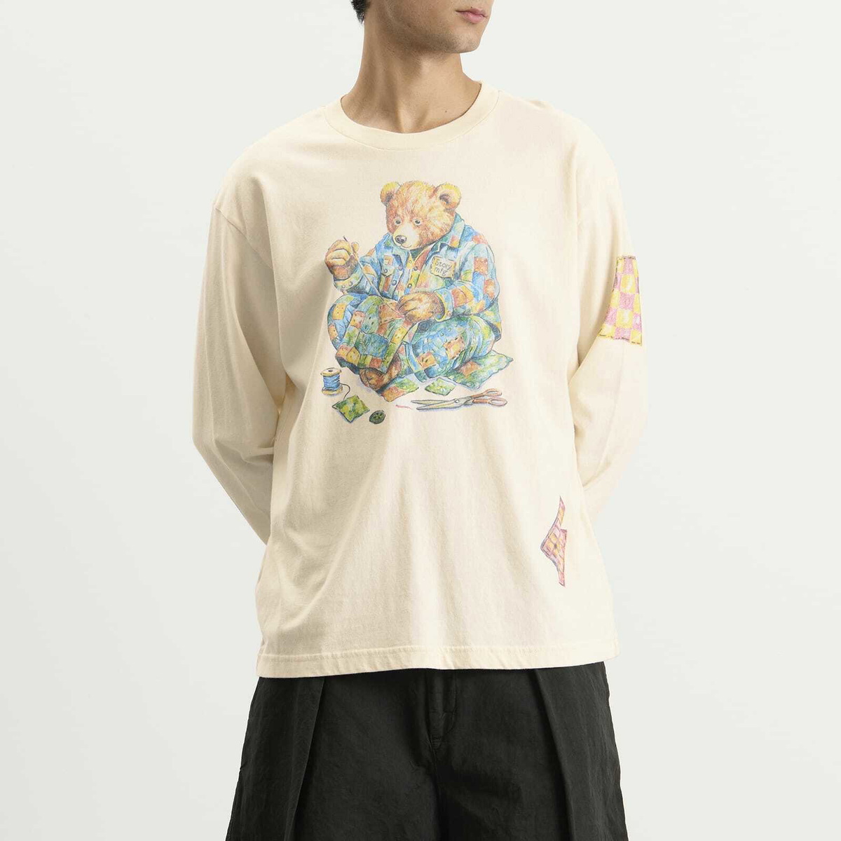 Story mfg. Men's Grateful Long Sleeve T-Shirt in Ecru Patchwork Bear