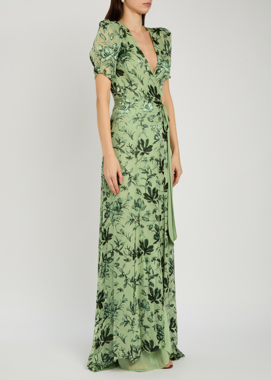 Alice + Olivia Tiana Devoré Chiffon Maxi Wrap Dress Green