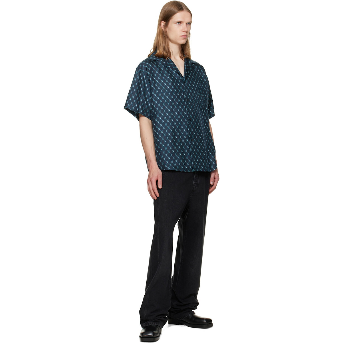 BALMAIN Navy Grid Print Silk Loose S/S Shirt