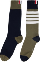 Thom Browne Khaki & Navy Funmix Cotton 4-Bar Socks