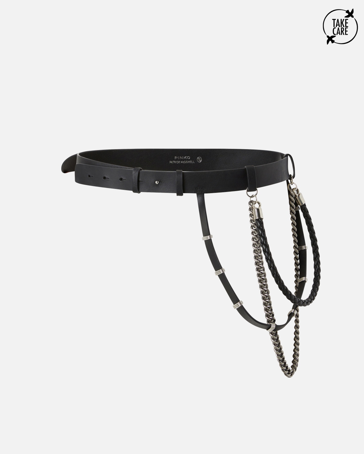 Pinko Leather Belt With Chains And Straps 3 Cm Black Old Silver