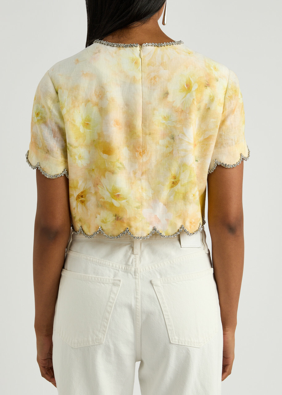 VIP【関税送料無料】希少 ZIMMERMANN CRUSH PRINTED LINEN SHIRT ZIMMERMANN + NET SUSTAIN Lexi raffia-trimmed floral-print