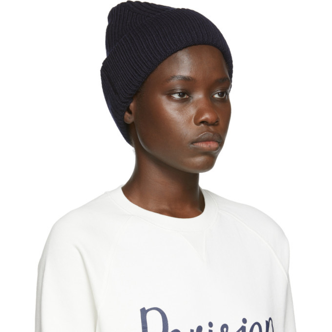 Maison Kitsune Navy Ribbed Tricolor Fox Patch Beanie Maison Kitsune