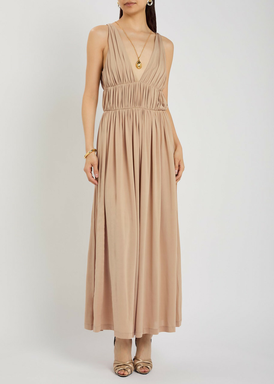 Tove Ouida Ruched Stretch-jersey Midi Dress Beige