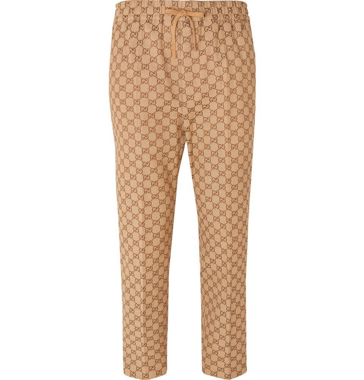 Photo: Gucci - Beige Cropped Tapered Logo-Jacquard Cotton-Blend Suit Trousers - Camel