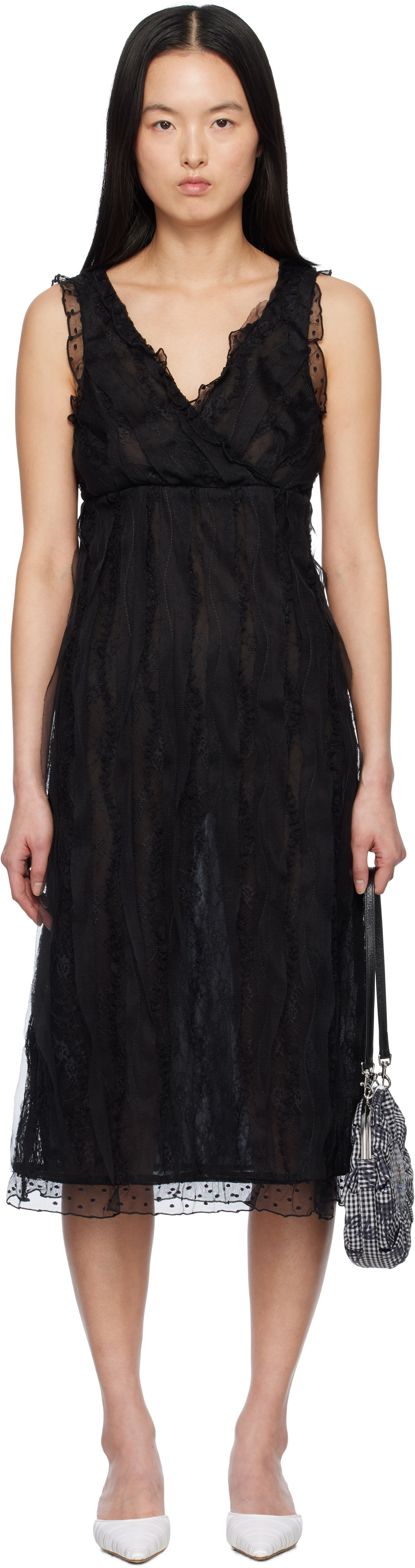 Anna Sui Black Combo Sleeveless Lace Midi Dress