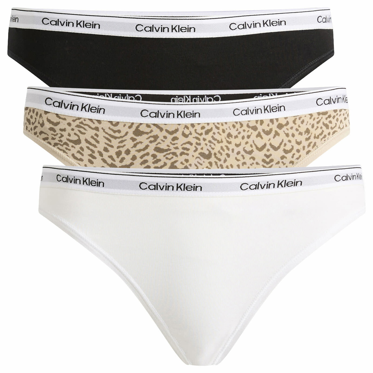 Calvin Klein Women's Icon Bikini Brief - 3 Pack in Black/White/Animal Mirror Oxford Tan