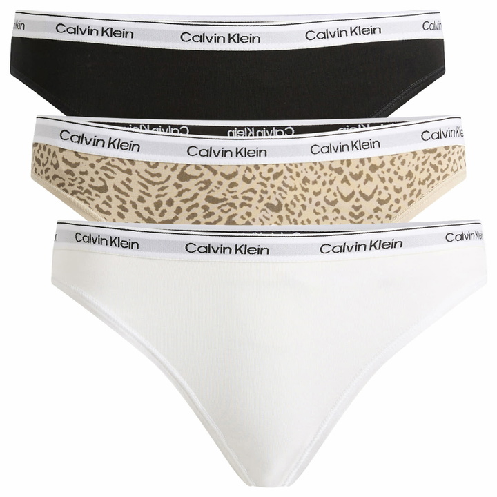 Photo: Calvin Klein Women's Icon Bikini Brief - 3 Pack in Black/White/Animal Mirror Oxford Tan
