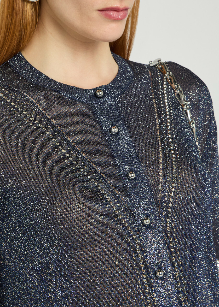Rabanne Embellished Metallic-knit Cardigan Navy