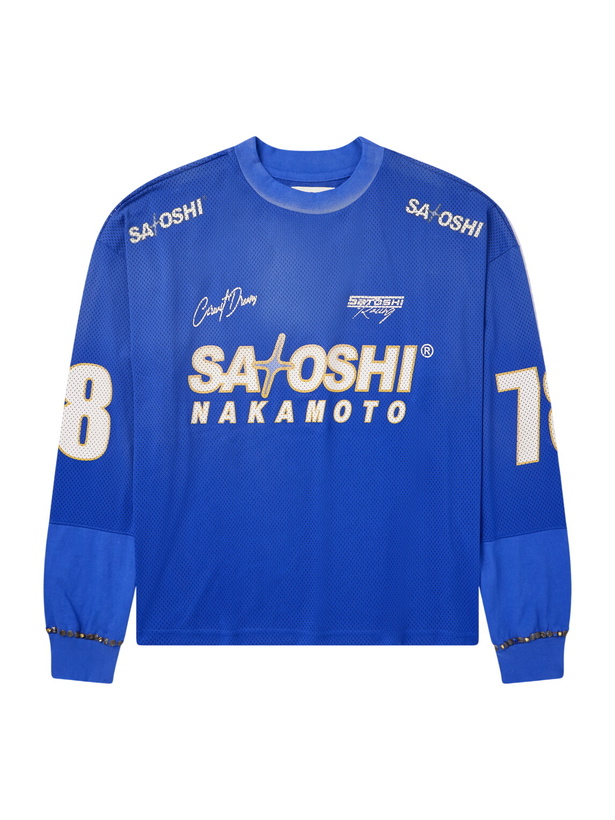 Photo: Satoshi Nakamoto - Moto Logo-Print Mesh T-Shirt - Blue