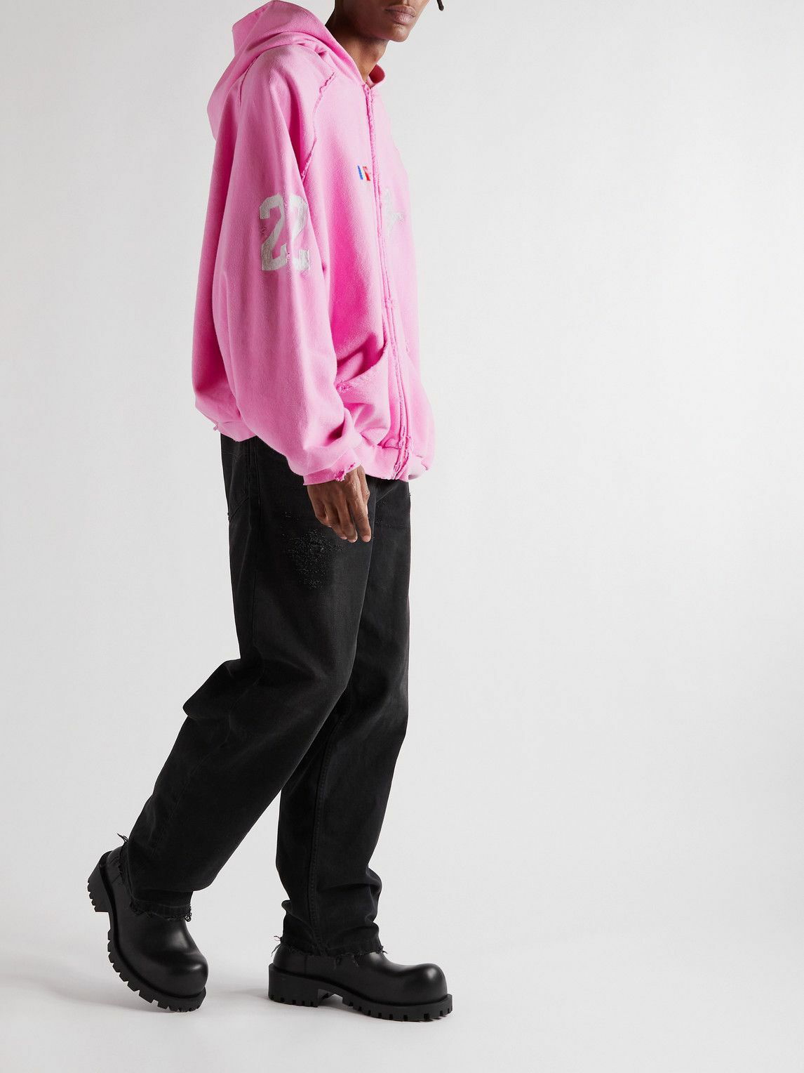 - Molleton Bouclette Logo-Embroidered Distressed Cotton-Jersey Zip-Up Hoodie Pink Balenciaga