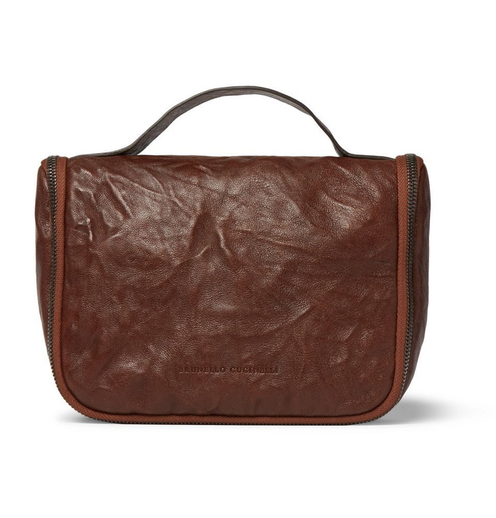 Photo: Brunello Cucinelli - Textured-Leather Hanging Wash Bag - Men - Brown