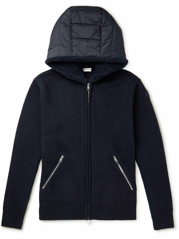Photo: Moncler - Shell-Trimmed Wool Zip-Up Hooded Sweatshirt - Blue