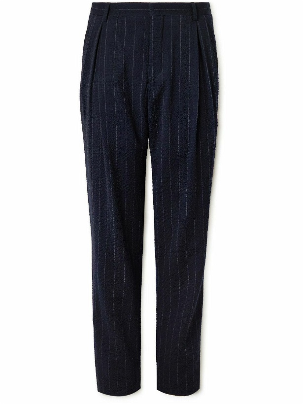 Photo: Giorgio Armani - Straight-Leg Pleated Pinstriped Virgin Wool-Blend Seersucker Suit Trousers - Blue