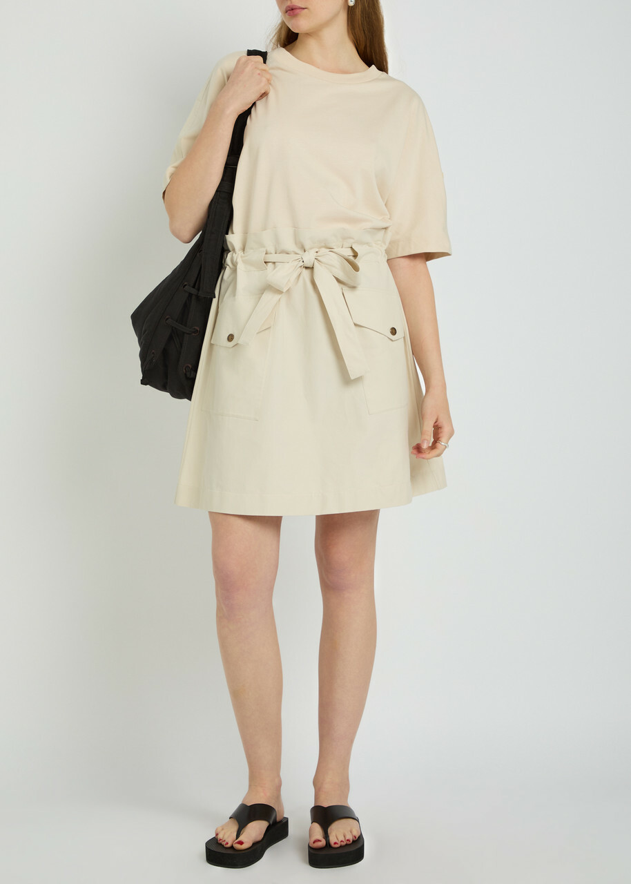 Moncler Belted Cotton Mini T-shirt Dress Ivory