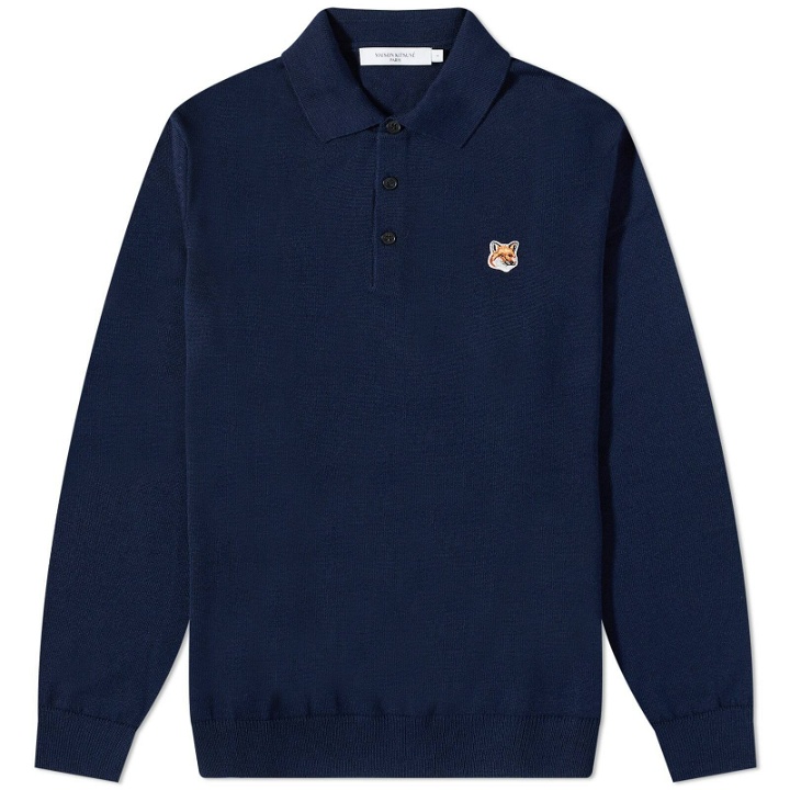 Photo: Maison Kitsuné Men's Fox Head Patch Knitted Polo Shirt in Navy