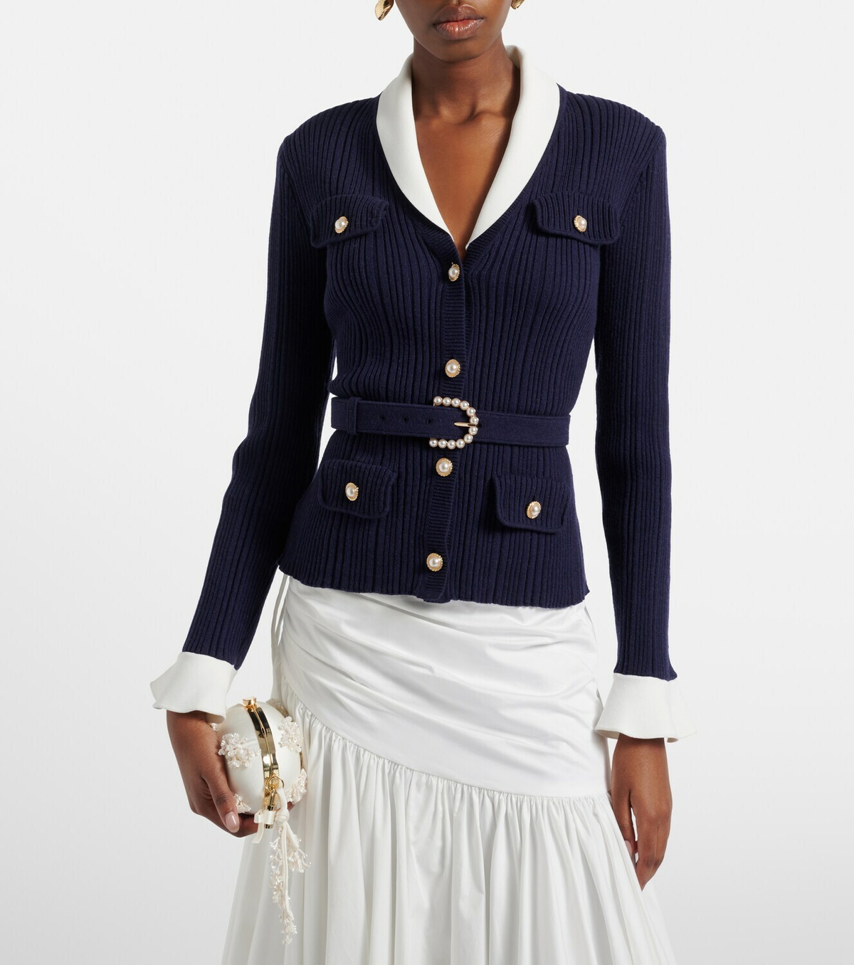 Self-Portrait Belted ribbed-knit cardigan