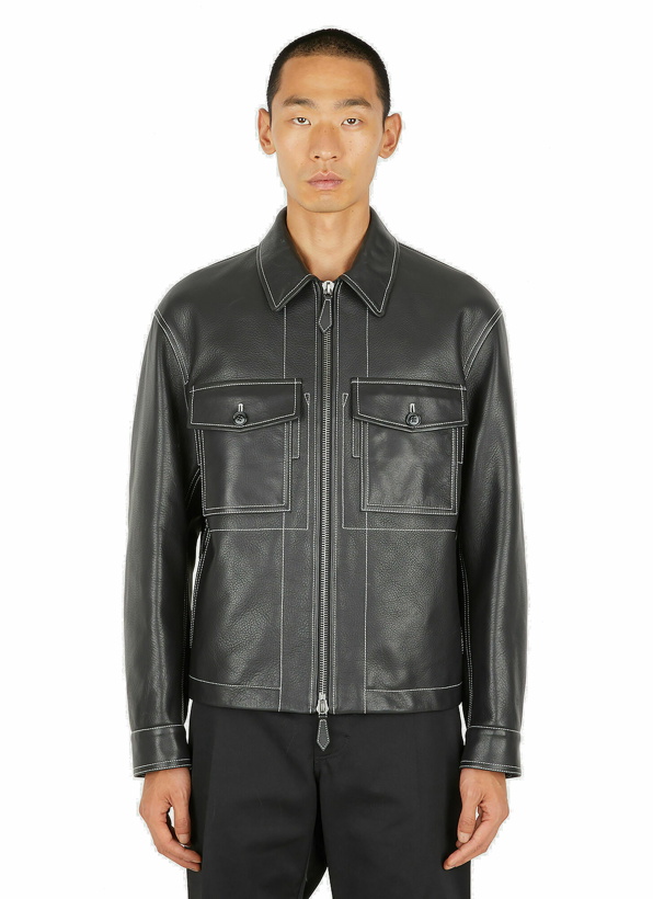 Photo: Contrast Stitching Leather Jacket in Black