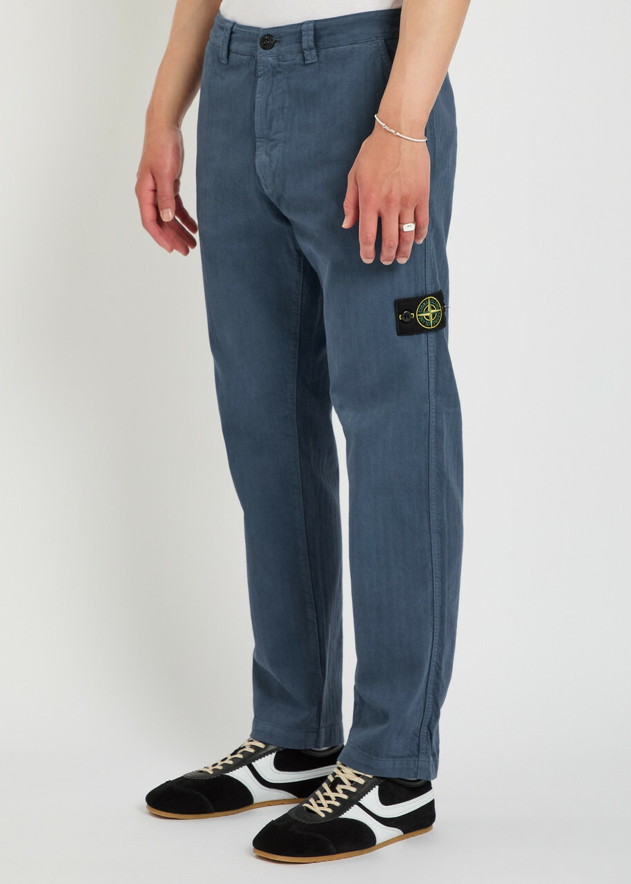 Stone Island Logo-appliquéd Herringbone Cotton Trousers Blue Dark