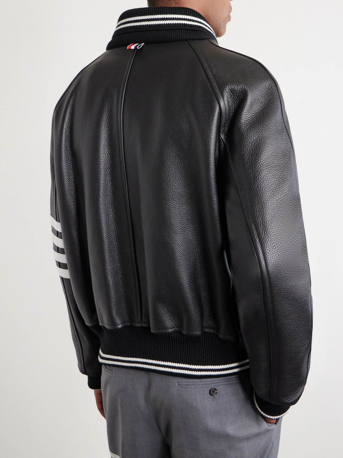 Thom Browne - Oversized Striped Leather Bomber Jacket - Black