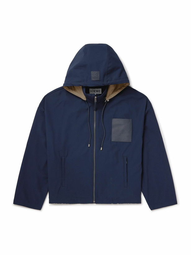 Photo: LOEWE - Logo-Debossed Leather-Trimmed Cotton-Twill Hooded Jacket - Blue