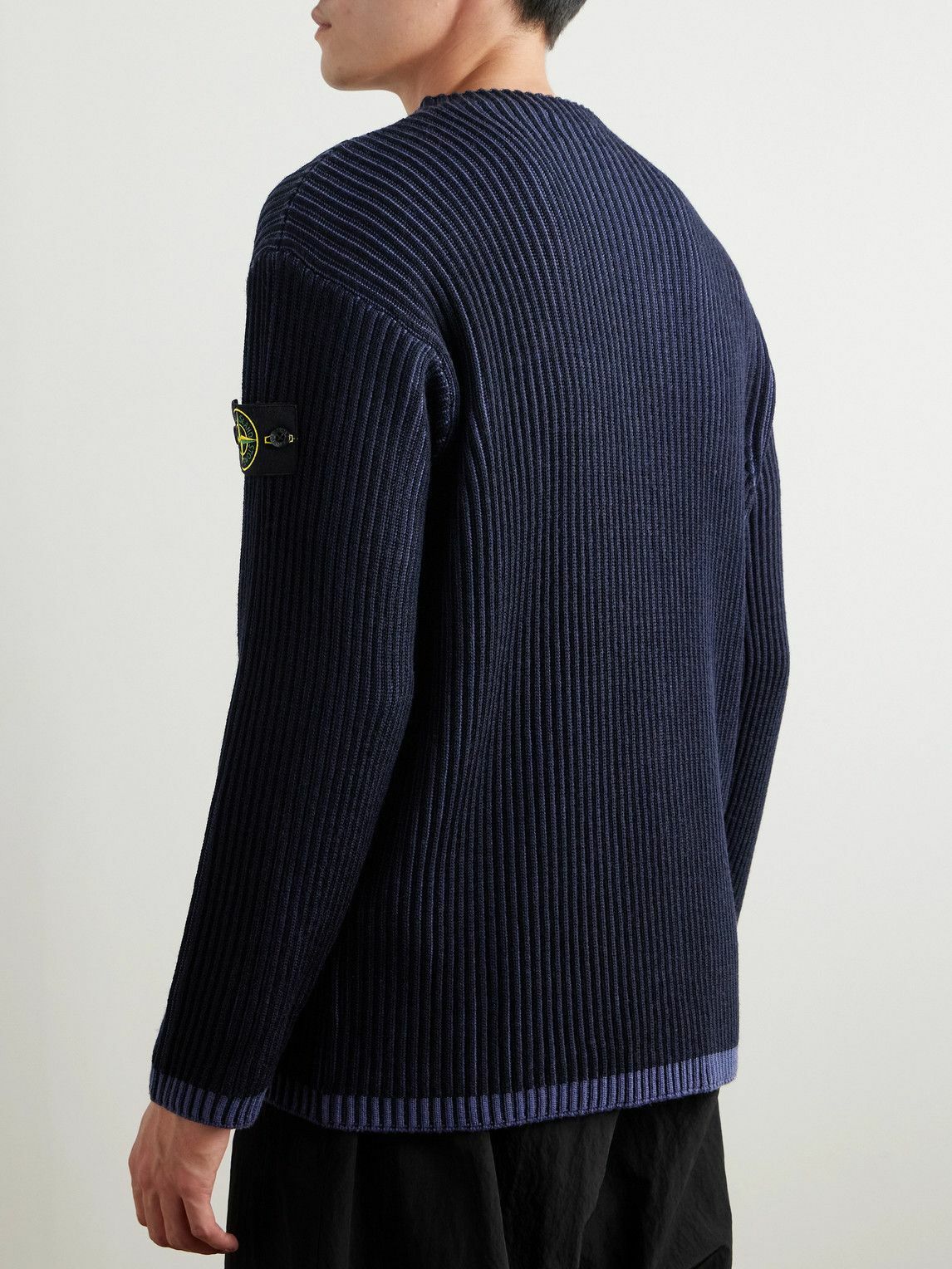Stone Island - Two-Tone Logo-Appliquéd Ribbed Wool Sweater Stone Island - Two-Tone Logo-Appliquéd Ribbed Wool Sweater