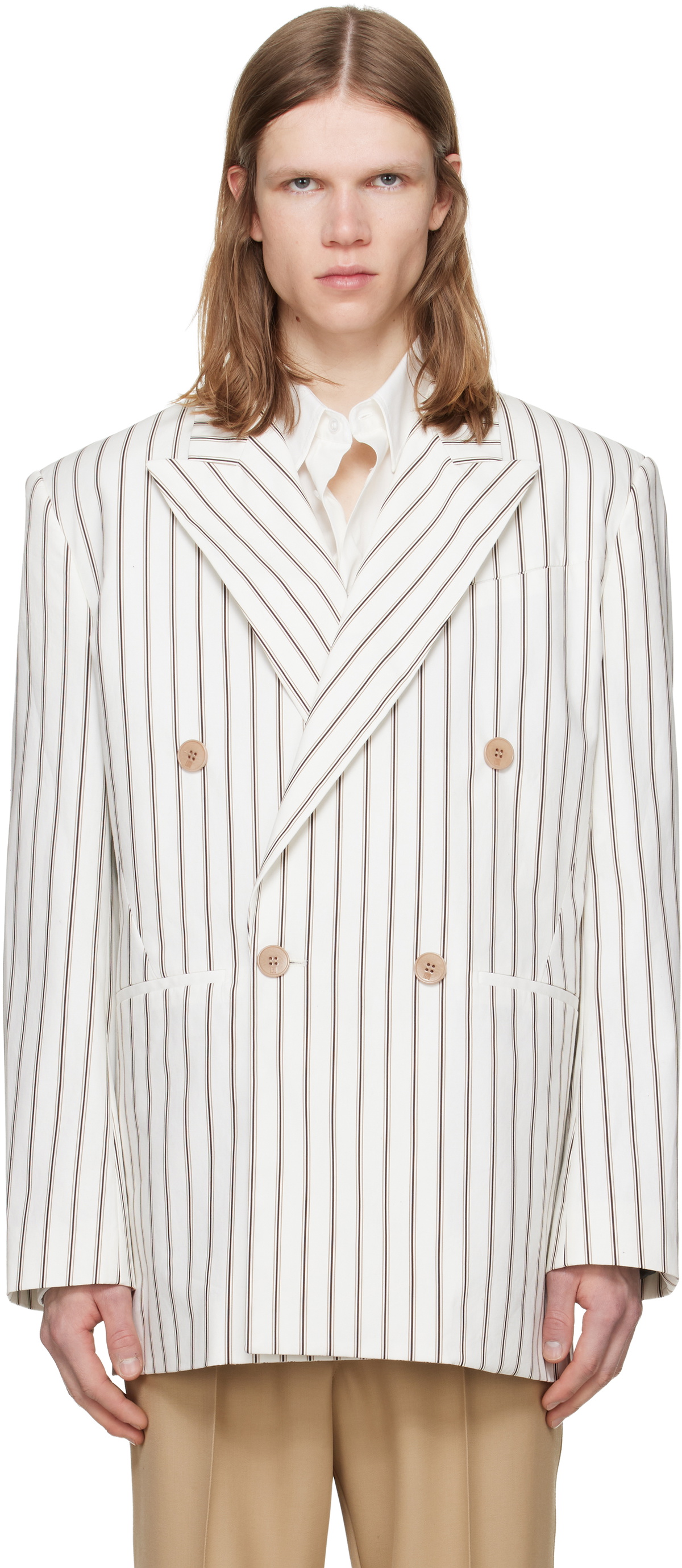 LGN Louis Gabriel Nouchi Off-White Straight Double-Breasted Striped Blazer