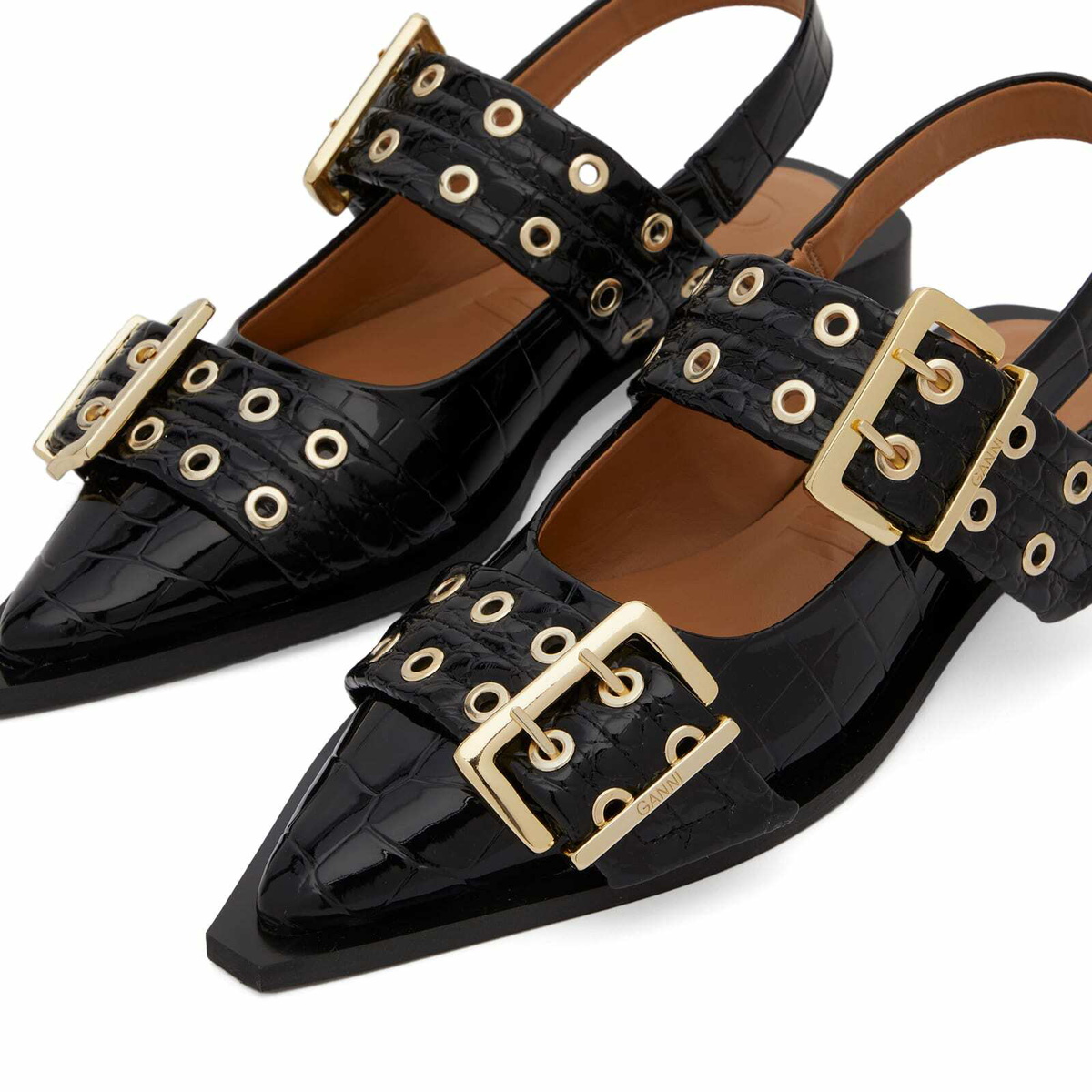 Ganni (FEMININE BUCKLE BALLERINA CROCO) Black - WOW concept  Ganni Women\'s Feminine Buckle Ballerina display picture 1