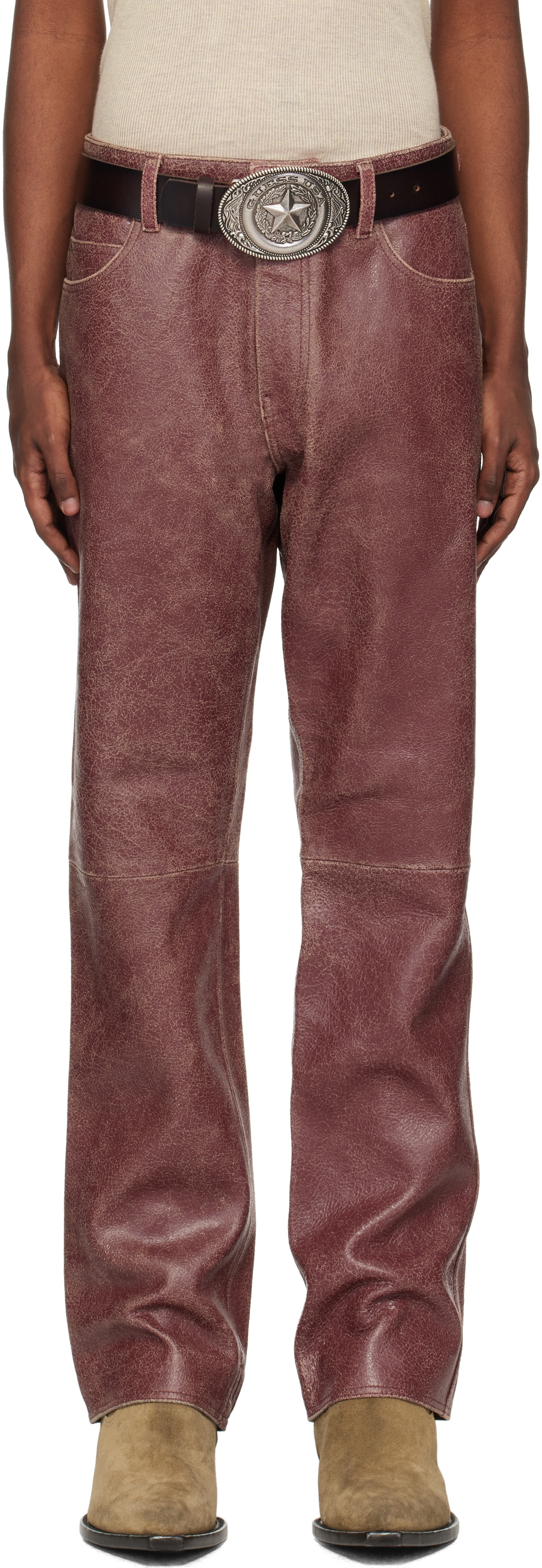 GUESS USA Burgundy Crackle Leather Pants