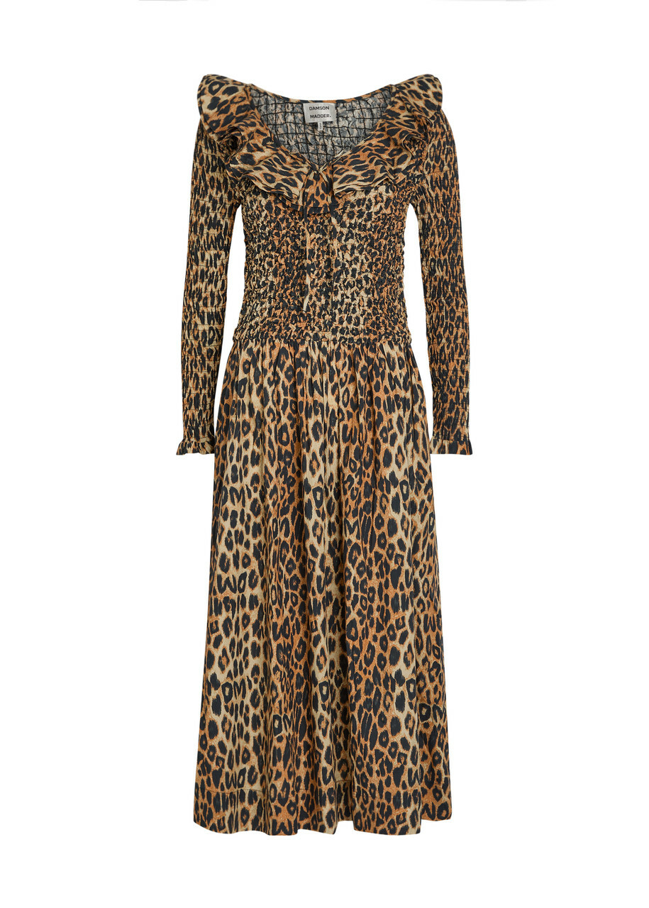 Damson Madder Harper Leopard Shirred Cotton-poplin Midi Dress