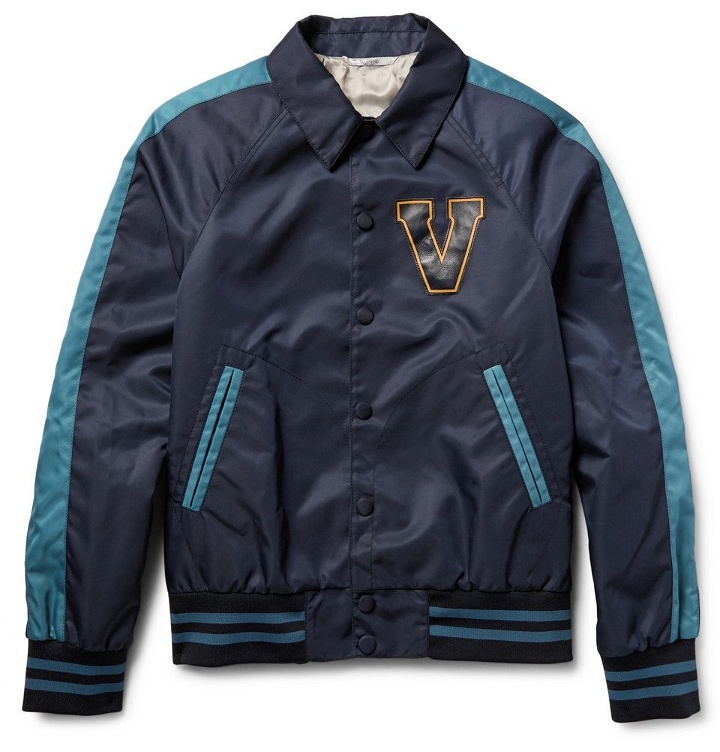 Photo: Valentino - Leather-Appliquéd Shell Varsity Jacket - Men - Navy