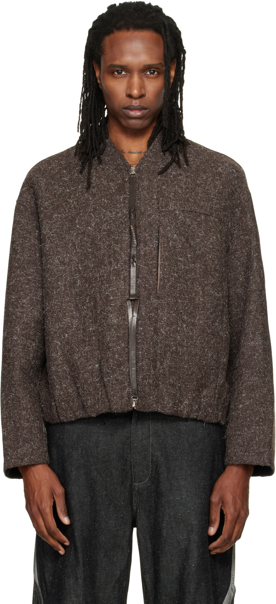 NULLUS Brown Wool Strapped Zipper Blouson Jacket