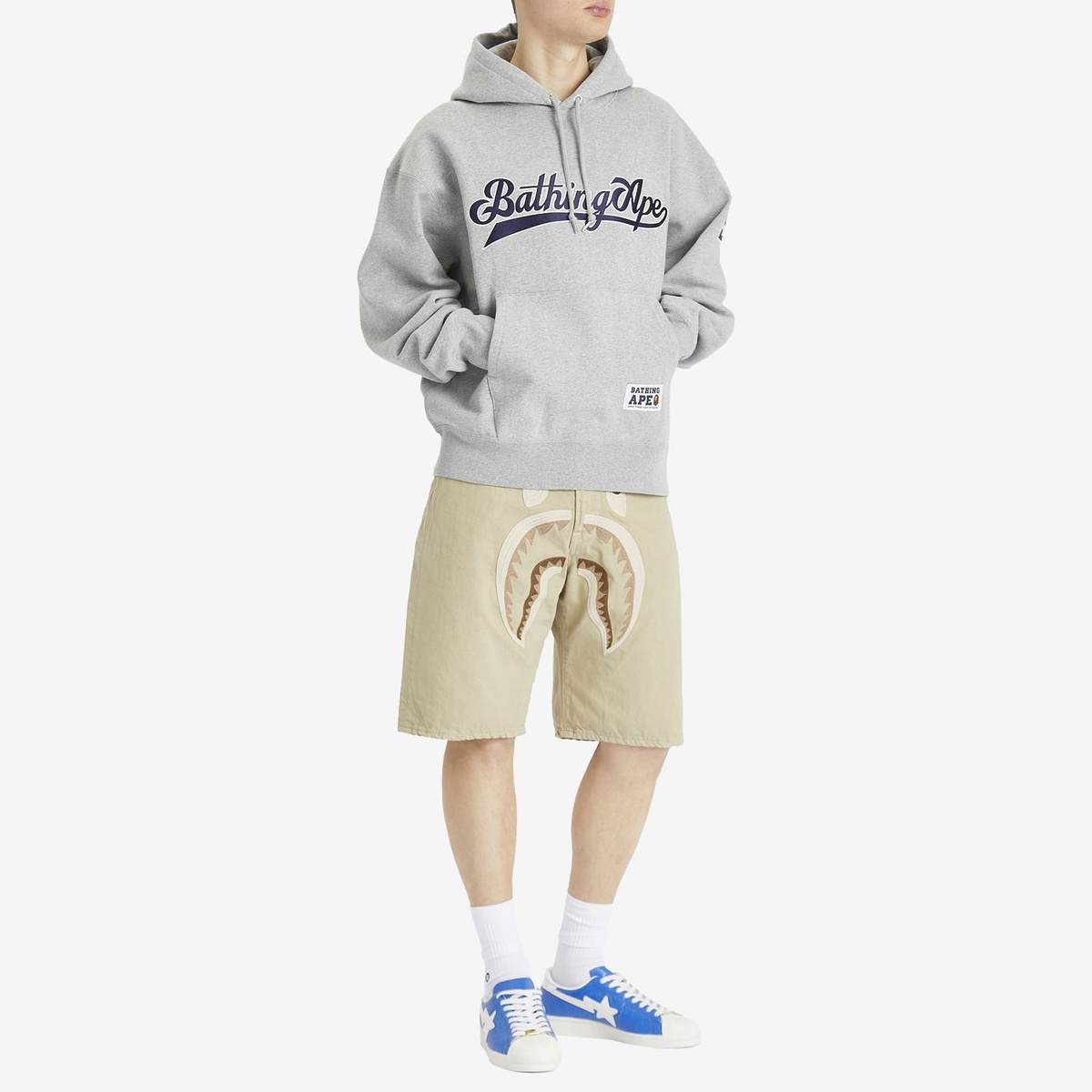 A Bathing Ape Men's Baseball Logo Relaxed Fit Pullover Hoodie in Grey