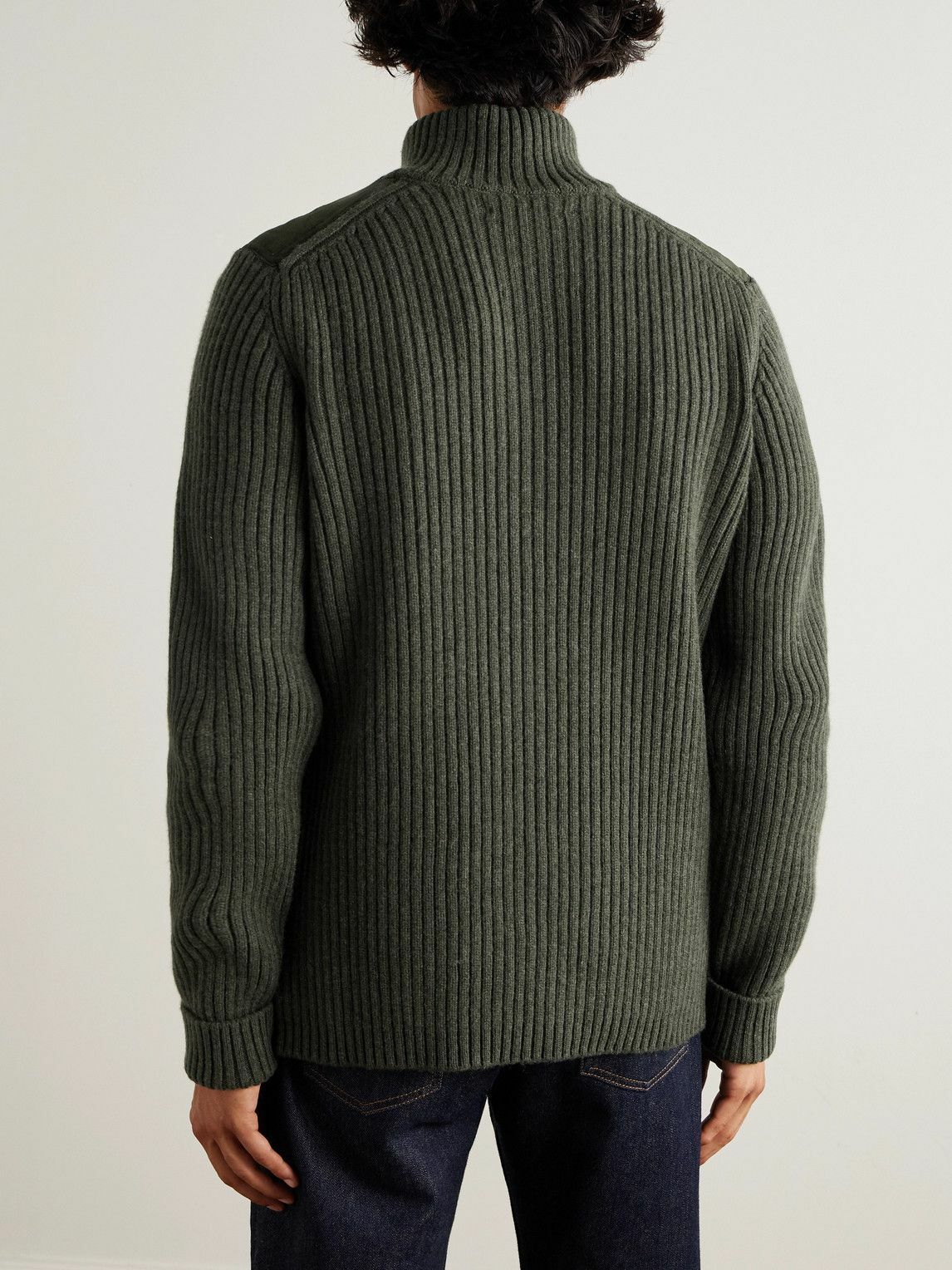 Purdey - Commando Suede-Trimmed Ribbed Wool Half-Zip Sweater - Green