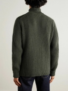 Purdey - Commando Suede-Trimmed Ribbed Wool Half-Zip Sweater - Green
