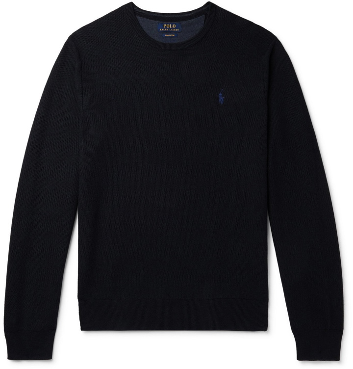 Photo: POLO RALPH LAUREN - Logo-Embroidered Honeycomb-Knit Cotton Sweater - Blue