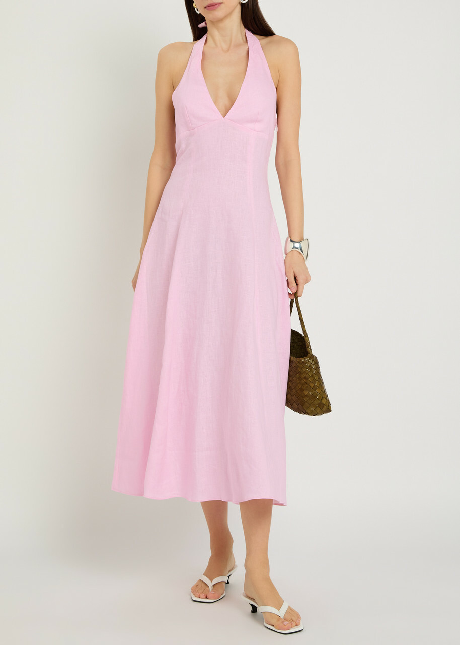 Faithfull The Brand Marais Halterneck Linen Midi Dress Pink