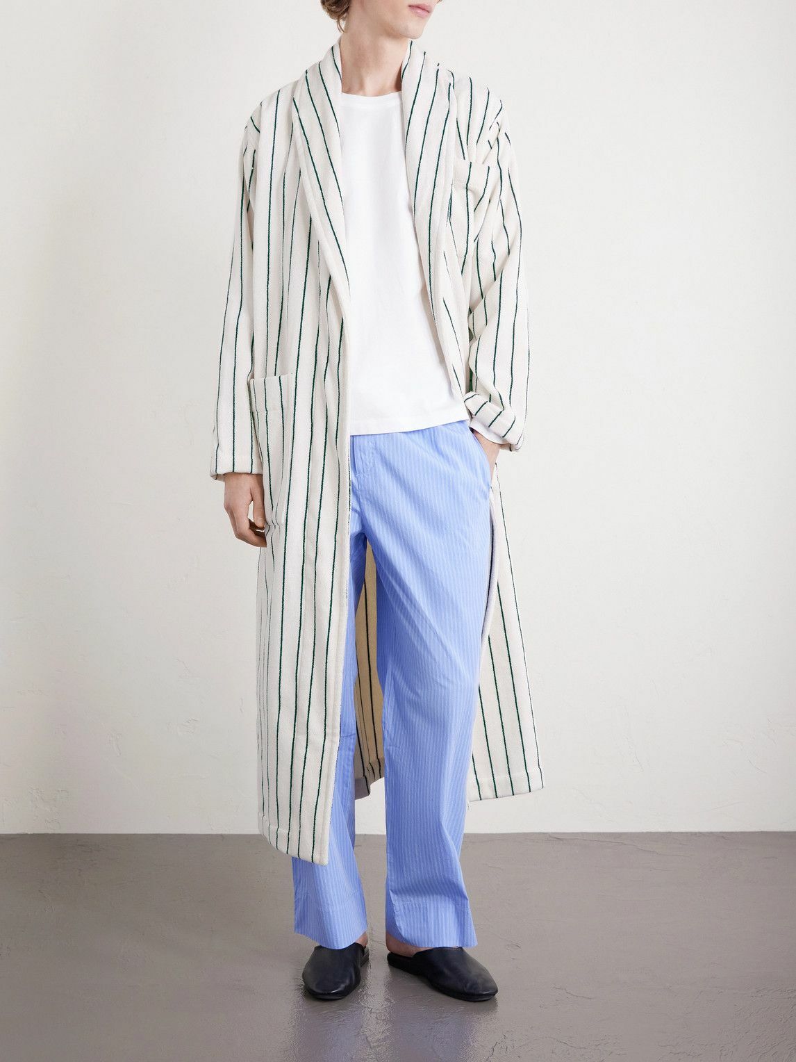 TEKLA - Belted Striped Organic Cotton-Terry Robe - Green