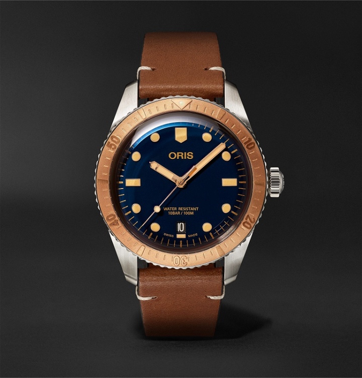Photo: Oris - Divers 40mm Bronze, Stainless Steel and Leather Watch, Ref. No. 01 733 7707 4355-07 5 20 45 - Blue
