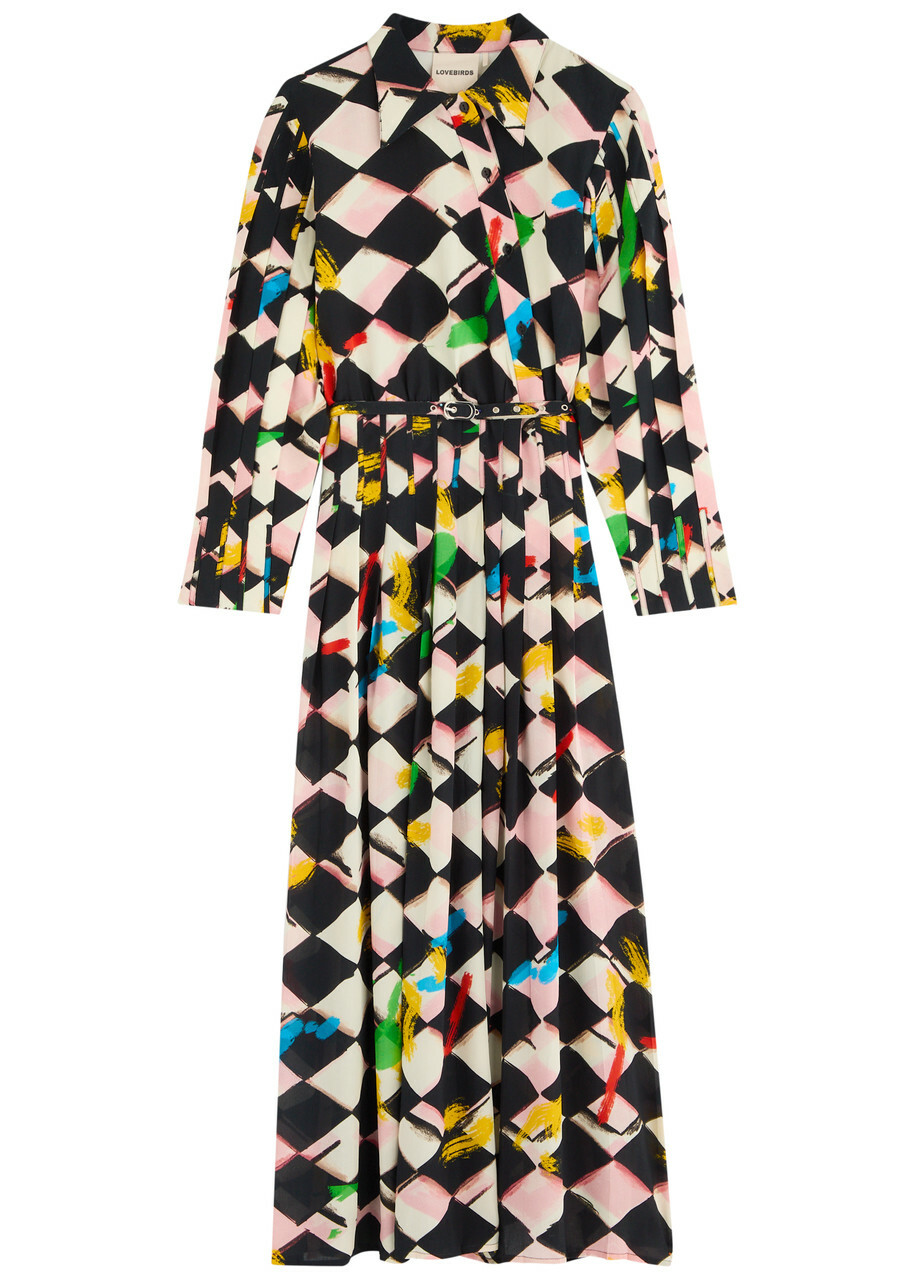 Lovebirds Printed Belted Silk Midi Shirt Dress Multicoloured