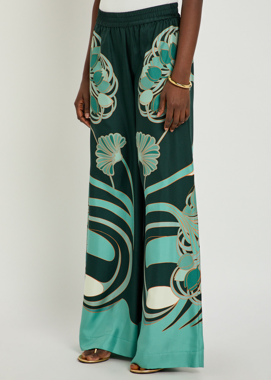 LA Double J Printed Silk-twill Palazzo Trousers Black